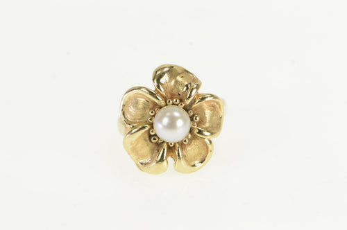 14K Vintage Pearl Hibiscus Flower Statement Ring Yellow Gold