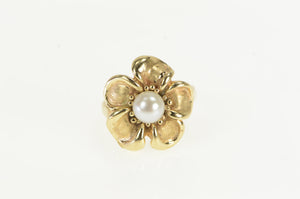 14K Vintage Pearl Hibiscus Flower Statement Ring Yellow Gold