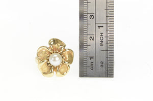 14K Vintage Pearl Hibiscus Flower Statement Ring Yellow Gold