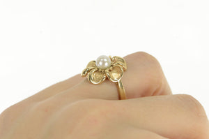 14K Vintage Pearl Hibiscus Flower Statement Ring Yellow Gold