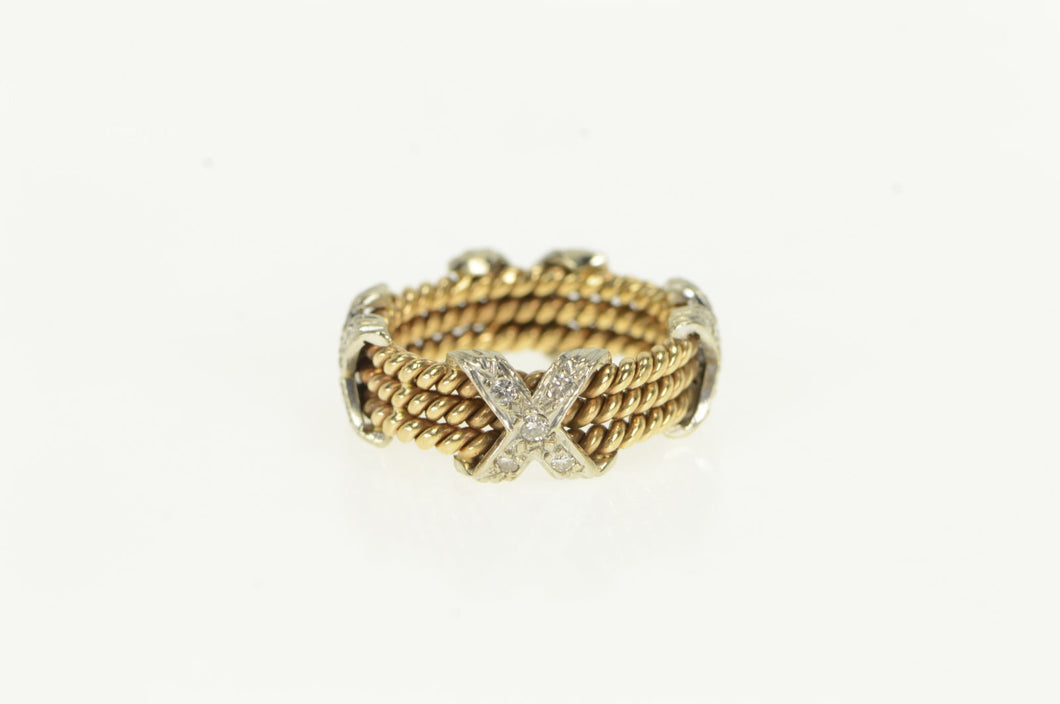 14K 1940's Ornate Diamond X Rope Pattern Band Ring Yellow Gold