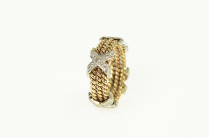 14K 1940's Ornate Diamond X Rope Pattern Band Ring Yellow Gold