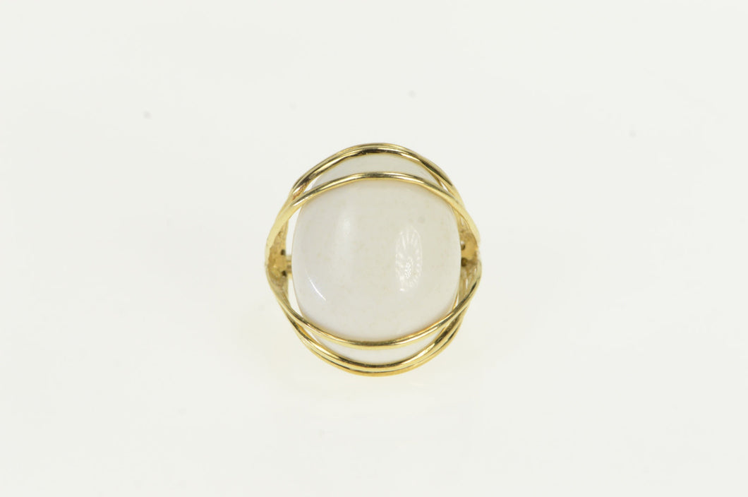 14K White Ceramic Cabochon Vintage Cocktail Ring Yellow Gold