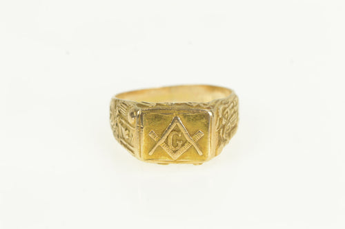 14K 1940's Masonic Ornate G Compass Square Ring Yellow Gold