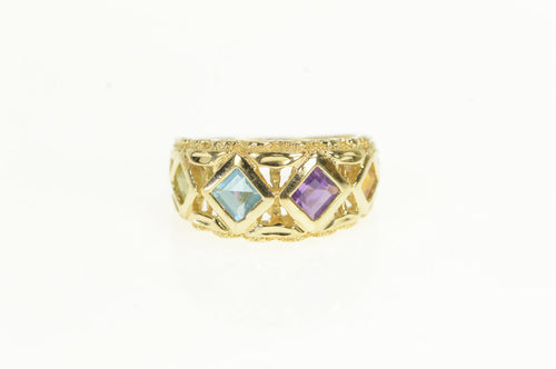 14K Amethyst Blue Topaz Graduated Statement Ring Yellow Gold