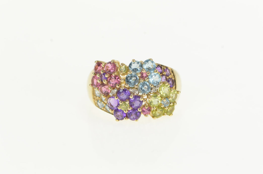 14K Amethyst Topaz Peridot Flower Cluster Statement Ring Yellow Gold
