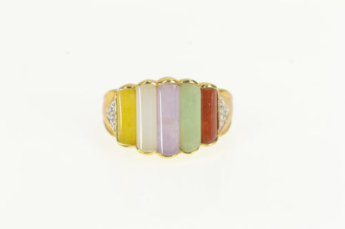 14K Jade Multi Color Pillar Graduated Diamond Accent Ring Yellow Gold