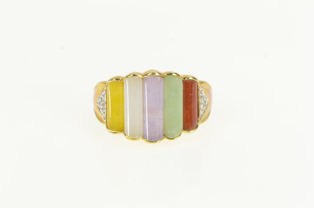 14K Jade Multi Color Pillar Graduated Diamond Accent Ring Yellow Gold