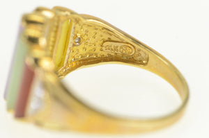 14K Jade Multi Color Pillar Graduated Diamond Accent Ring Yellow Gold