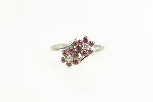 14K Natural Ruby Diamond Flower Cluster Bypass Ring White Gold