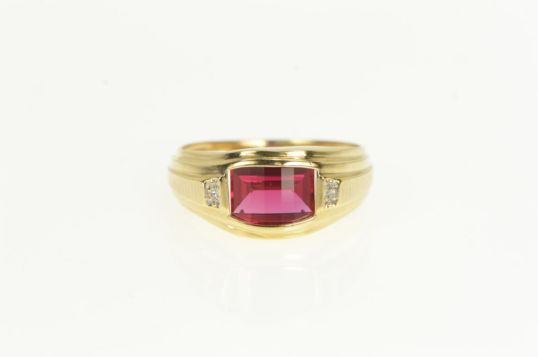 10K Faceted Syn. Ruby Diamond Accent Men's Ring Yellow Gold
