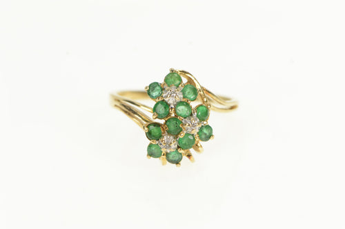 14K Emerald Diamond Flower Cluster Vintage Ring Yellow Gold