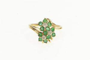 14K Emerald Diamond Flower Cluster Vintage Ring Yellow Gold