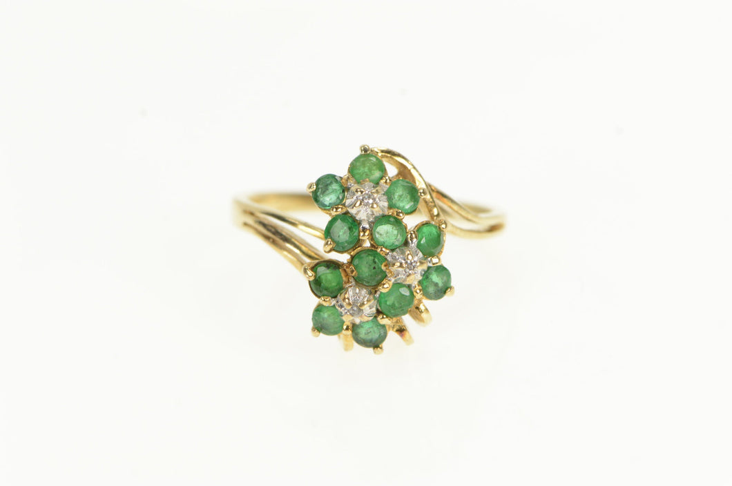 14K Emerald Diamond Flower Cluster Vintage Ring Yellow Gold