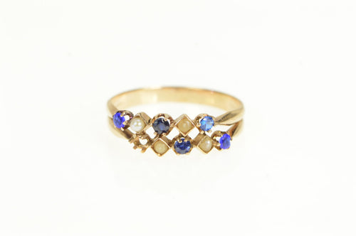 14K Victorian Seed Pearl Sim. Sapphire Layered Ring Yellow Gold
