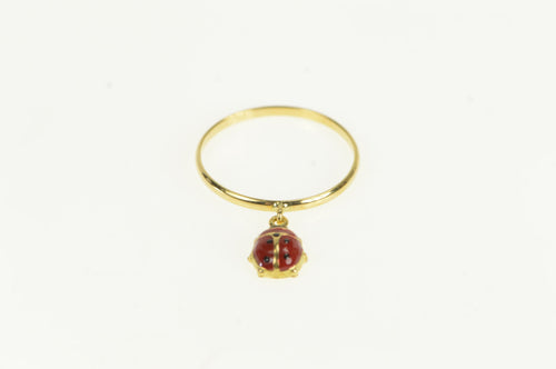 18K Red Enamel Ladybug Charm Dangle Vintage Ring Yellow Gold