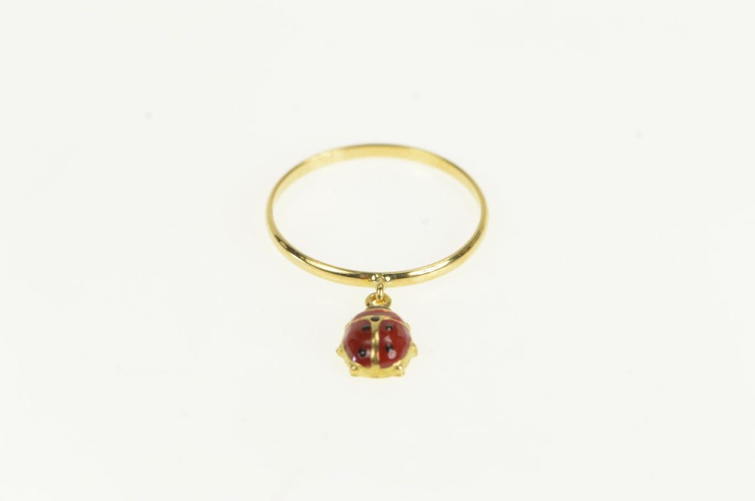 18K Red Enamel Ladybug Charm Dangle Vintage Ring Yellow Gold