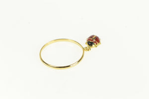 18K Red Enamel Ladybug Charm Dangle Vintage Ring Yellow Gold