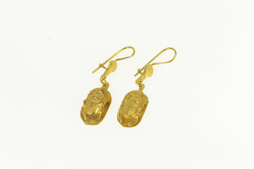 18K Ancient Egyptian Scarab Beetle Symbol Dangle Earrings Yellow Gold