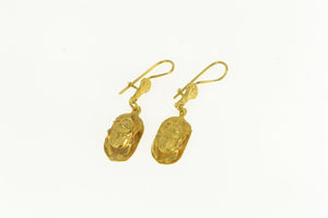 18K Ancient Egyptian Scarab Beetle Symbol Dangle Earrings Yellow Gold