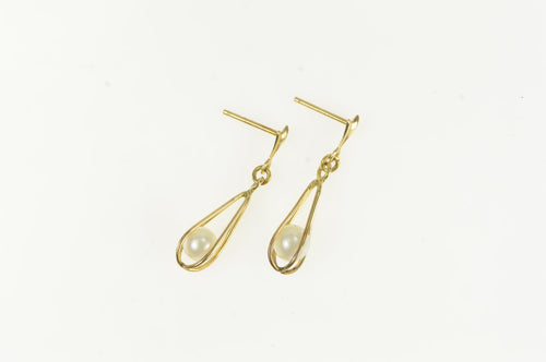 10K Pearl Tear Drop Cage Vintage Dangle Earrings Yellow Gold