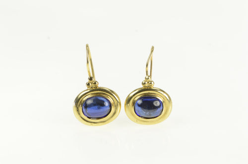 14K Oval Syn. Sapphire Cabochon Vintage Dangle Earrings Yellow Gold
