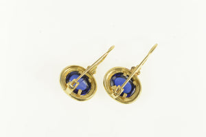 14K Oval Syn. Sapphire Cabochon Vintage Dangle Earrings Yellow Gold