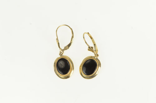 14K Oval Black Onyx Dangle Lever Back Earrings Yellow Gold