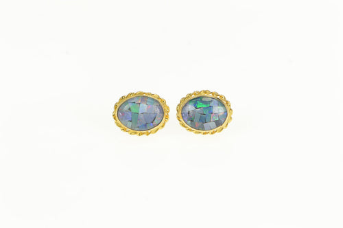 10K Oval Opal Chip Inlay Doublet Vintage Stud Earrings Yellow Gold