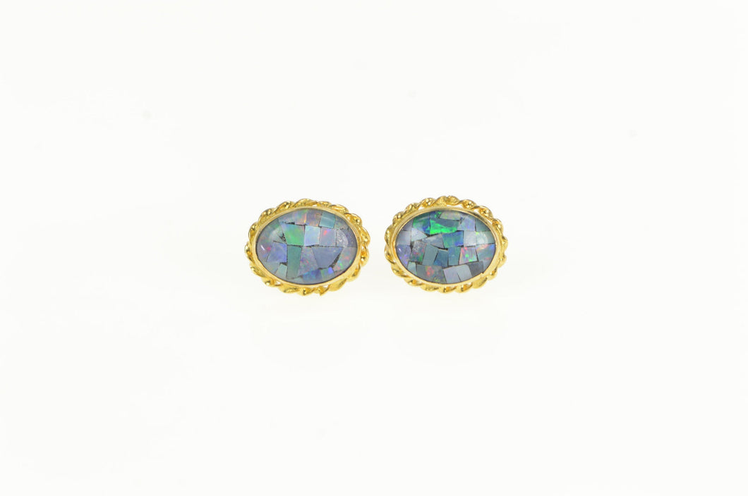 10K Oval Opal Chip Inlay Doublet Vintage Stud Earrings Yellow Gold