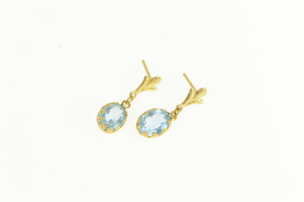 14K Vintage Oval Blue Topaz Dangle Statement Earrings Yellow Gold
