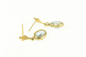 14K Vintage Oval Blue Topaz Dangle Statement Earrings Yellow Gold