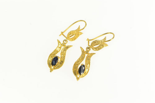 14K Marquise Sapphire Ornate Curvy Dangle Earrings Yellow Gold