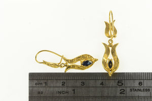 14K Marquise Sapphire Ornate Curvy Dangle Earrings Yellow Gold