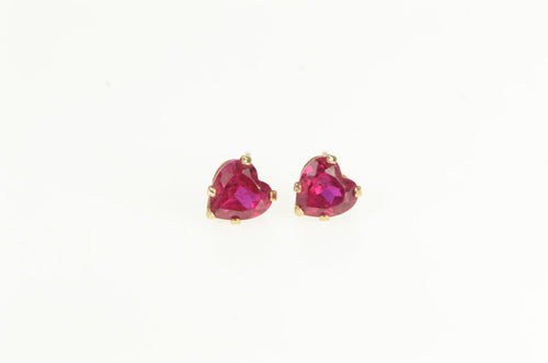10K Heart Syn. Ruby Vintage Valentine Stud Earrings Yellow Gold