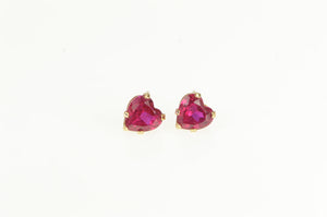 10K Heart Syn. Ruby Vintage Valentine Stud Earrings Yellow Gold