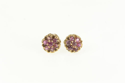 14K Vintage Ruby Flower Round Cluster Stud Earrings Yellow Gold