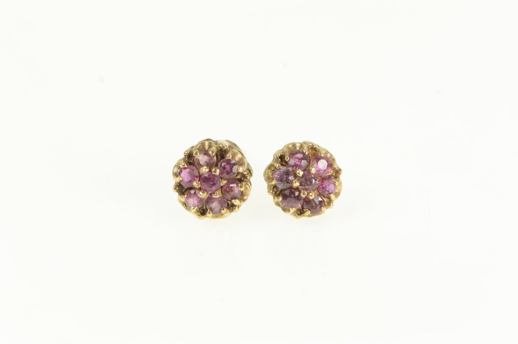 14K Vintage Ruby Flower Round Cluster Stud Earrings Yellow Gold