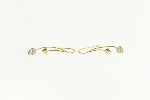 14K Heart Fringe Dangle Curved Bar CZ Earrings Yellow Gold