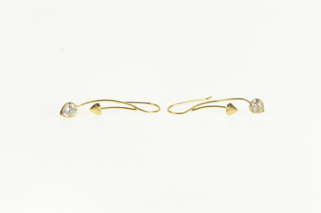 14K Heart Fringe Dangle Curved Bar CZ Earrings Yellow Gold