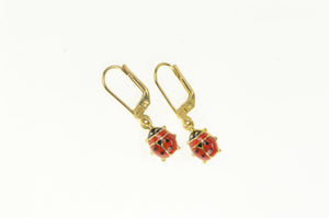 14K Red Enamel Ladybug Charm Dangle Vintage Earrings Yellow Gold