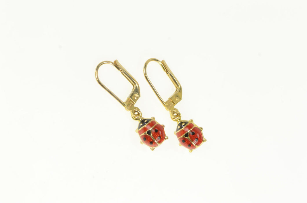 14K Red Enamel Ladybug Charm Dangle Vintage Earrings Yellow Gold