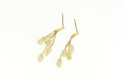 14K Baroque Pearl Fringe Tassel Statement Vintage Earrings Yellow Gold