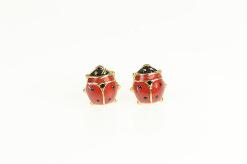 14K Red Enamel Lady Bug Vintage Stud Lucky Earrings Yellow Gold