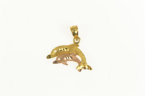 14K Two Tone Diamond Cut Dolphin Ocean Motif Charm/Pendant Yellow Gold