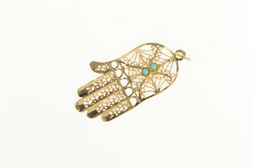 14K Filigree Hamsa Turquoise Protection Symbol Charm/Pendant Yellow Gold