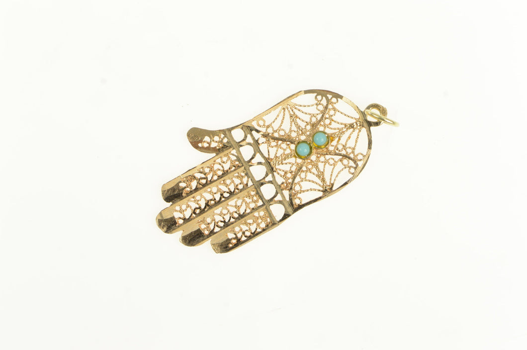 14K Filigree Hamsa Turquoise Protection Symbol Charm/Pendant Yellow Gold
