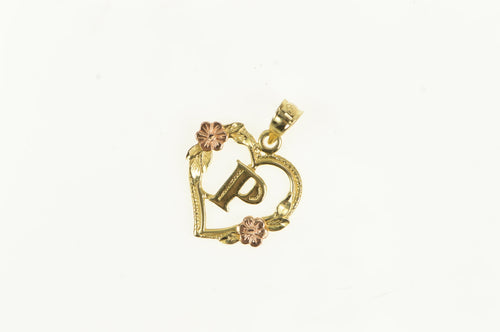 14K P Initial Monogram Heart Letter Flower Charm/Pendant Yellow Gold