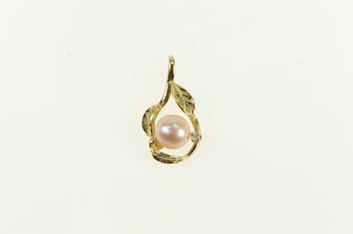 14K Pearl Diamond Accent Leaf Vintage Charm/Pendant Yellow Gold