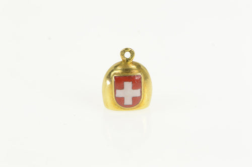 10K Swiss Red Cross Enamel 3D Bell Articulated Charm/Pendant Yellow Gold